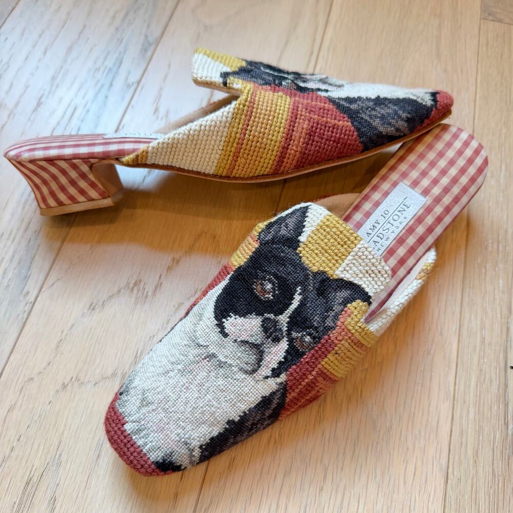VTG Amy Jo Gladstone Needlepoint Boston Terrier Dog Slipper Mules Womens Sz 9/10